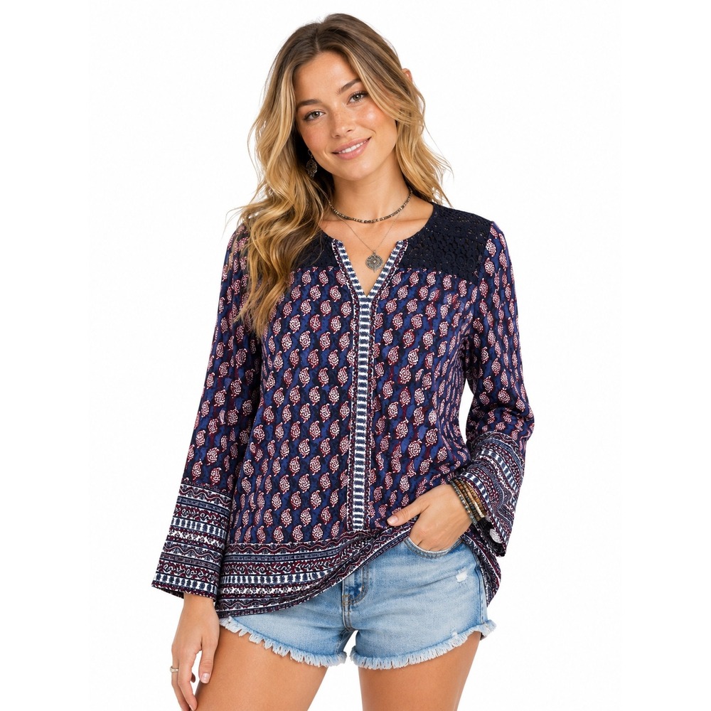 Beachlunchlounge Navy Paisley Crochet Lace Split Neck Boho Top L Hippie Festival